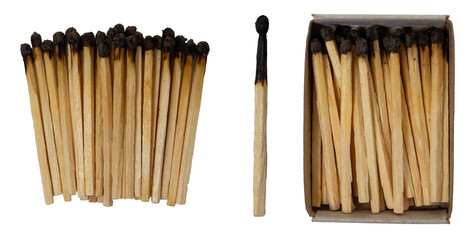 Isolated set of burnt matches on white background