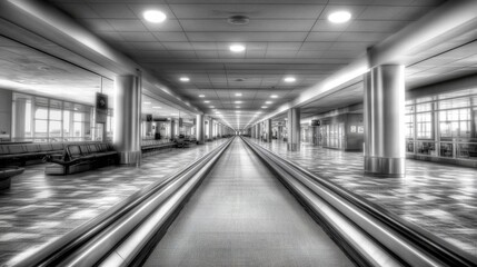 Fototapeta premium Airport Moving Walkway: Black And White Interior
