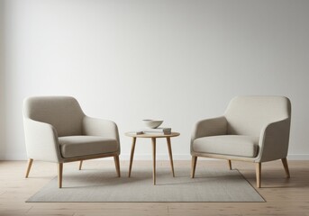 Two armchairs and a small table in a minimalist room with a white wall and wooden floor design