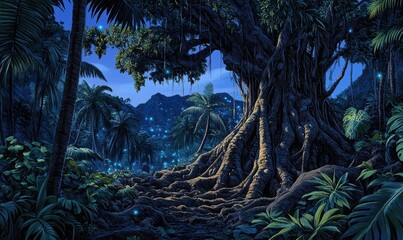 Tropical twilight Firefly-lit banyan tree, island jungle. Game background, fantasy art