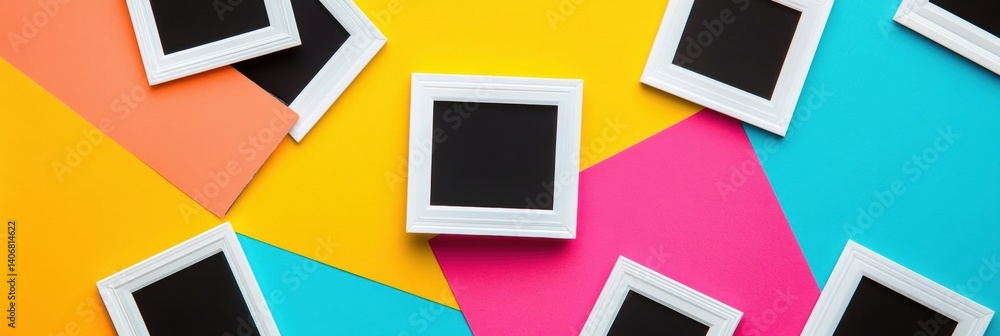 Aufkleber colorful flat surface showcasing scattered white polaroid frames with ample copy space for creative 