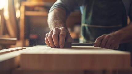 Carpenter cutting wood for a custom bookshelf. Featuring woodworking and custom furniture