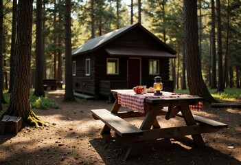 Naklejka premium Cozy cabin in the woods with picnic table and lantern 