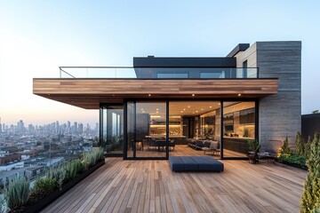 Fototapeta premium Modern home with glass walls and wooden terrace, luxury rooftop design overlooks city skyline in warm evening light.