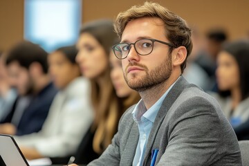 Obraz premium Man in glasses attentively listening during conference, business attire, blurred background of focused audience, professional networking event.