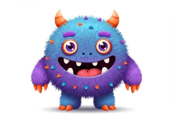 A fluffy blue and purple monster with horns smiling on a white background illustration style cartoon