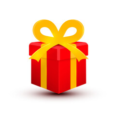 Red gift box with golden bow isolated on white background