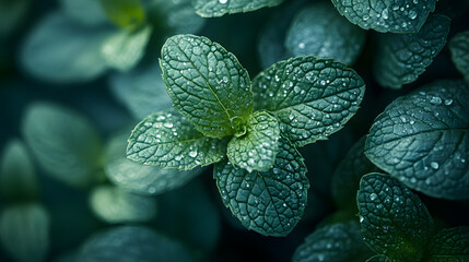 A richly detailed photography of a garden mint plant, its vibrant green leaves glistening with freshness, emphasizing its texture and aroma.