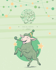 Cartoon sheep dancing with a party hat and festive horn under Arabic Eid al-Adha greeting on green background with decorative stars. Great for cheerful holiday posts and kid-friendly art