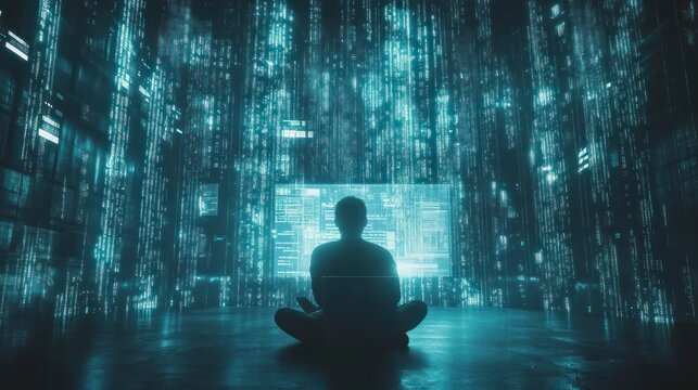 Silhouette meditating in data stream, light from screen