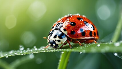 Fototapeta premium A close-up photo of a ladybug covered in water droplets on a grass blade during a rainfall