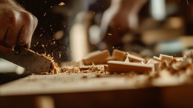 Carpenter cutting wood for custom furniture. Featuring woodworking and craftsmanship