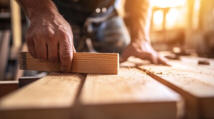 Carpenter cutting wood in a workshop. Featuring woodworking and material shaping