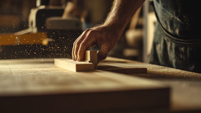 Carpenter trimming wood pieces for a custom bookshelf. Featuring wood trimming