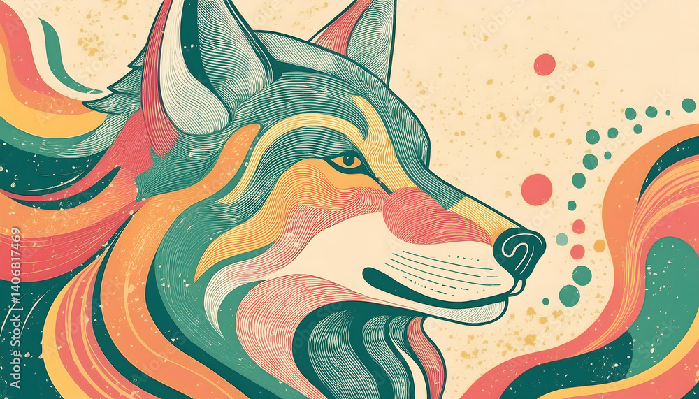 Poster colorful illustration of a wolf with abstract patterns and swirls