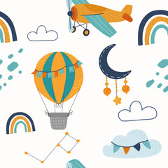 Seamless pattern in hand drawn, doodle style featuring hot air balloon, airplane, clouds, rainbow, moon, and stars. Light background. Suitable for kids designs, fabric prints, wrapping paper, and