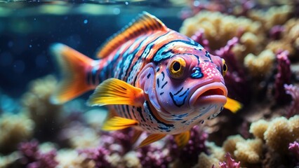 Fototapeta premium A vibrant, colorful fish with pink and yellow scales swims amidst coral reef.