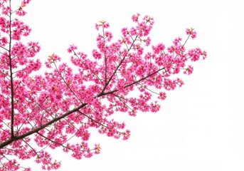 Close up of pink cherry blossom flowers on a branch against a bright white background in springtime