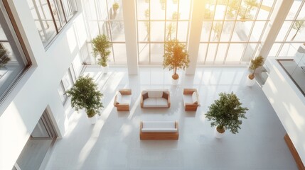 Sunlight streams into a spacious atrium filled with contemporary furniture and lush indoor plants, creating a welcoming atmosphere for collaboration and relaxation