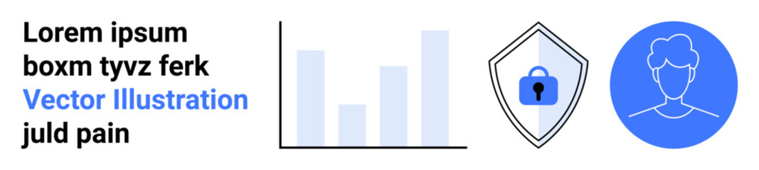 Bar graph chart, security shield with lock, user avatar in blue circle. Ideal for privacy, cybersecurity, data protection, online safety, analytics, identity verification flat landing page banner