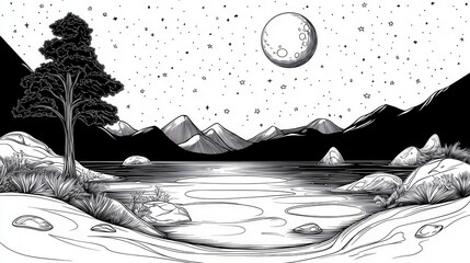 Obraz premium Moonlit Lake at Night Sky Scene
