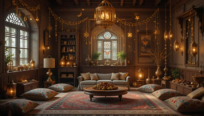 Cozy Enchantment: A mystical and enchanting living room scene with ornate lamps, a plush sofa, and plush floor cushions, lit by a warm glow of candlelight.