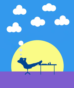 Illustration of a worker relaxing and daydreaming at a desk with a sunset background
