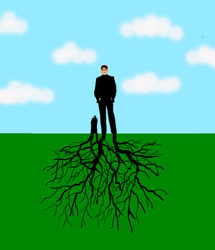 Illustration of a businessman with roots symbolizing stability and stagnation