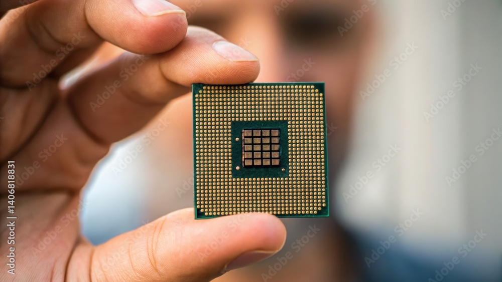 Poster a person holds a microprocessor chip, showcasing its intricate design and technology, with a blurred