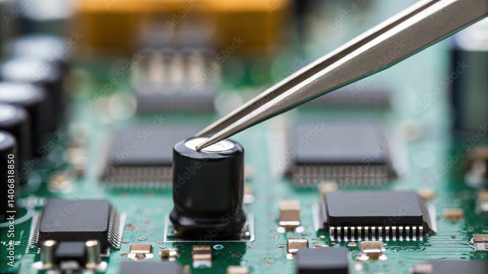 Poster close-up of a hand using tweezers to manipulate a component on a green circuit board, showcasing int