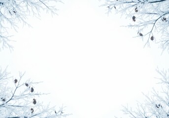 Snow covered tree branches framing a bright white sky in a winter scene creating a border effect