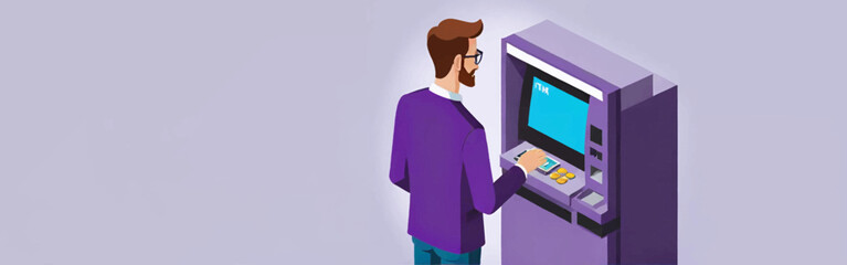 amanwithbeardusinganATMmachine-heiswearingaglassesandpurplejacket-cashandacardarevisible-thescreenoftheATMisblue