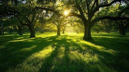 Sunlit Meadow with Towering Oaks