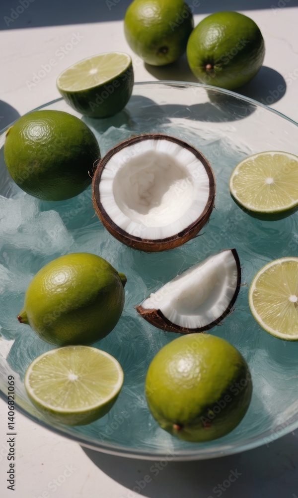 Poster fresh limes and coconut arranged on ice for a refreshing summer drink in a bright setting