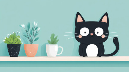 Whimsical Cat and Plant Shelf: A Cute Graphic for Nursery Art and Kids Room Decor