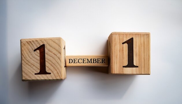 Minimalist photo of wooden blocks with date 11 December. Day and month, calendar on white background