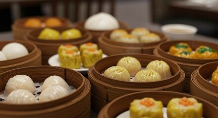 Steamed Dumplings Variety in Bamboo Steamers