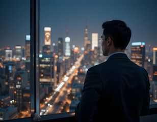 Fototapeta premium Man Observing City Skyline at Night From High Rise Building