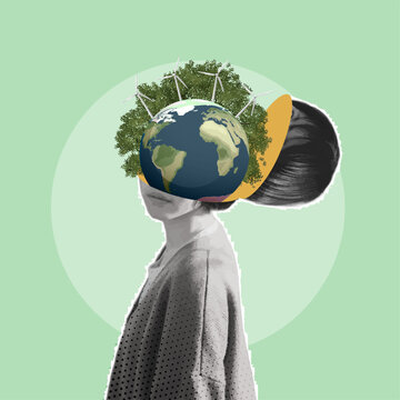 Collage ESG (Environmental, Social, and Governance) principles. Featuring a human figure with green earth ,will mild and tree emphasizing sustainability and eco-consciousness. vector illustration