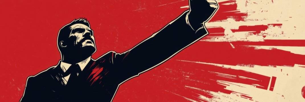 Vintage political propaganda poster depicting an assertive figure with bold red and black graphics promoting a strong message of unity and determination