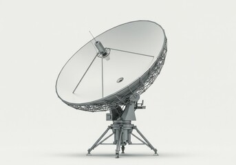 A large satellite dish antenna on a tripod stand against a plain background in a studio shot