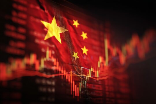 Chinese flag overlaid with financial stock market graphs and data in red tones. Symbolic image for economy, finance, investment, market analysis, and business in China.