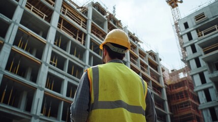 Construction foreman supervising a building project. Featuring project management and construction site oversight