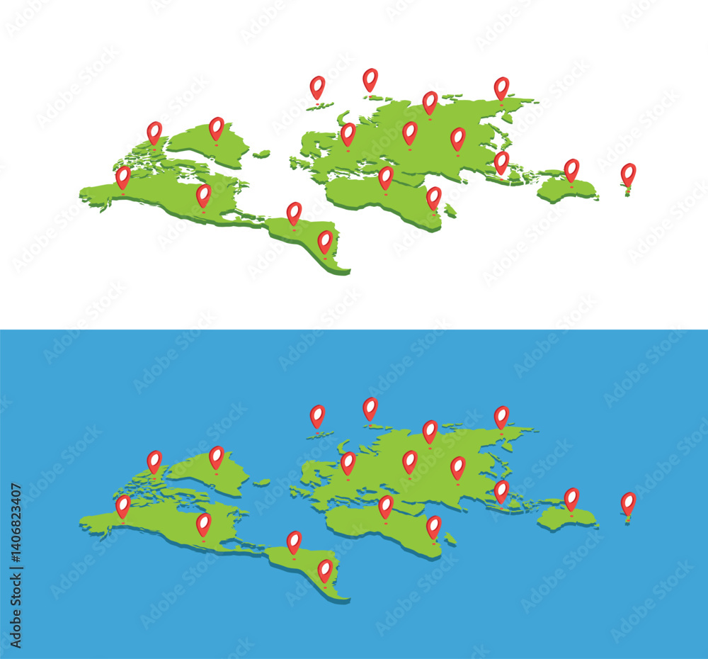 Poster isometric world pin map infographic, infochart business. world map with pointer mark. world map with