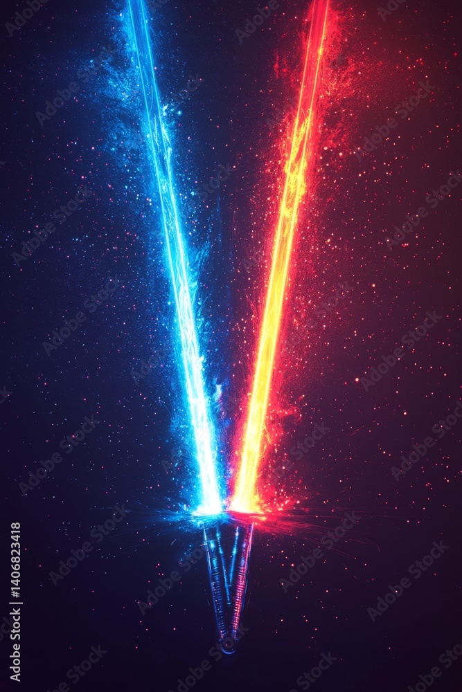Poster explosive energy burst – two pulsating laser beams in a dark void, dynamic sci-fi stock photo