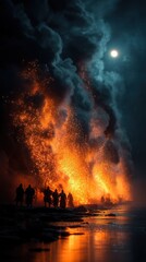 Obraz premium Templar Knights Storming Coastal Fortress with Flaming Catapults and Crashing Waves at Night 