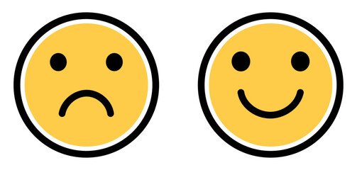 Happy and sad emoji vector icon. Face smile icon positive, negative neutral opinion vector signs symbol. Simple flat shape happy and sad emotion logotype. Yellow smileys with bold outline icon.