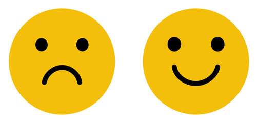 Happy and sad emoji vector icon. Face smile icon positive, negative neutral opinion vector signs symbol. Simple flat shape happy and sad emotion logotype. Vector illustration.