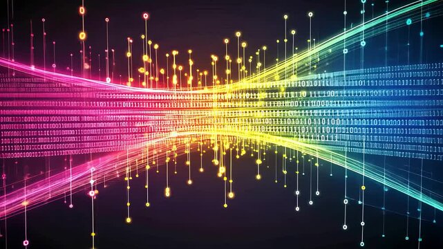 Colorful Digital Light Waves with Binary Code and Glowing Dots

