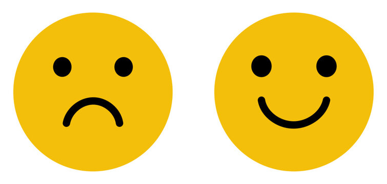 Naklejki Happy and sad emoji vector icon. Face smile icon positive, negative neutral opinion vector signs symbol. Simple flat shape happy and sad emotion logotype. Vector illustration.